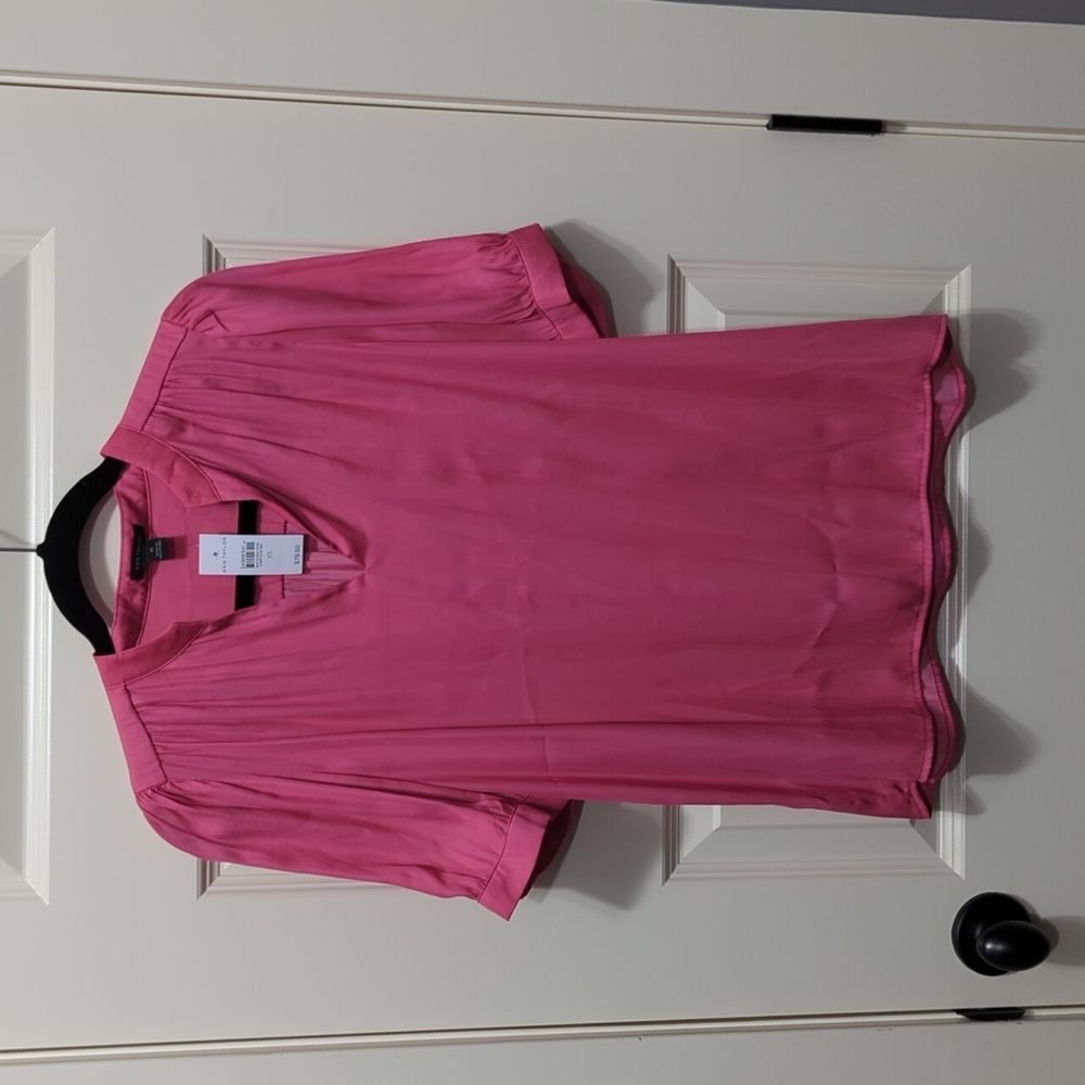 Ann Taylor Puff Sleeve V-Neck Barbie Rose Pink Blouse